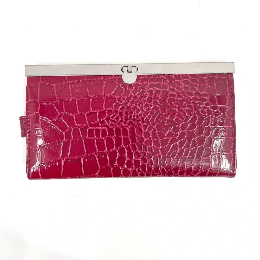 Vintage  Red Ring Handle Wristlet Bag Faux Croc Patent Mod Clutch Organizer